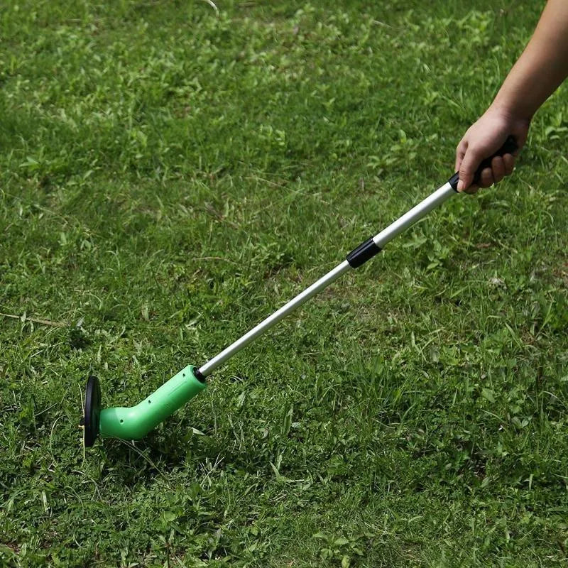 Cordless lawn trimmer tool with extension pole and protective debris shield for garden maintenance
