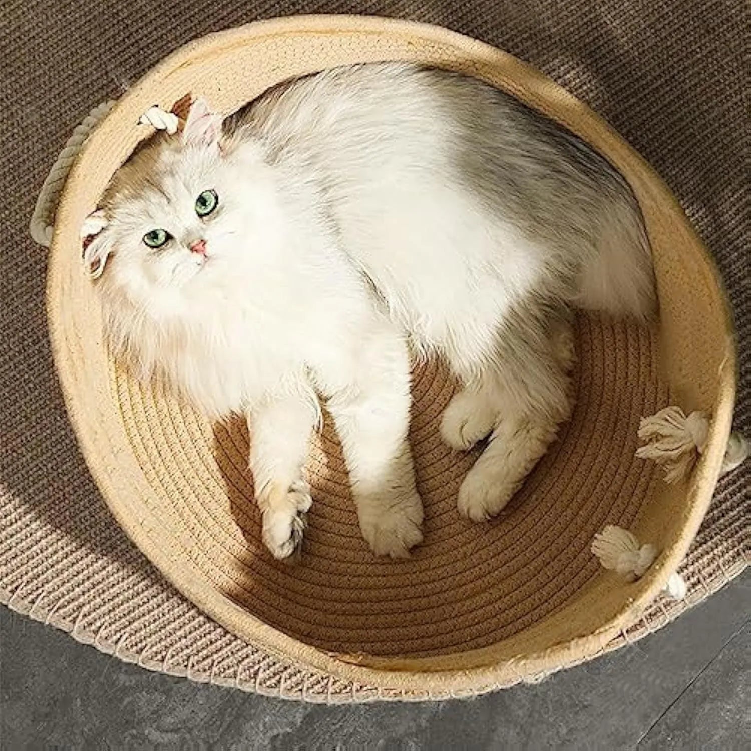 Wicker cat bed basket with corrugated scratching surface in two size options