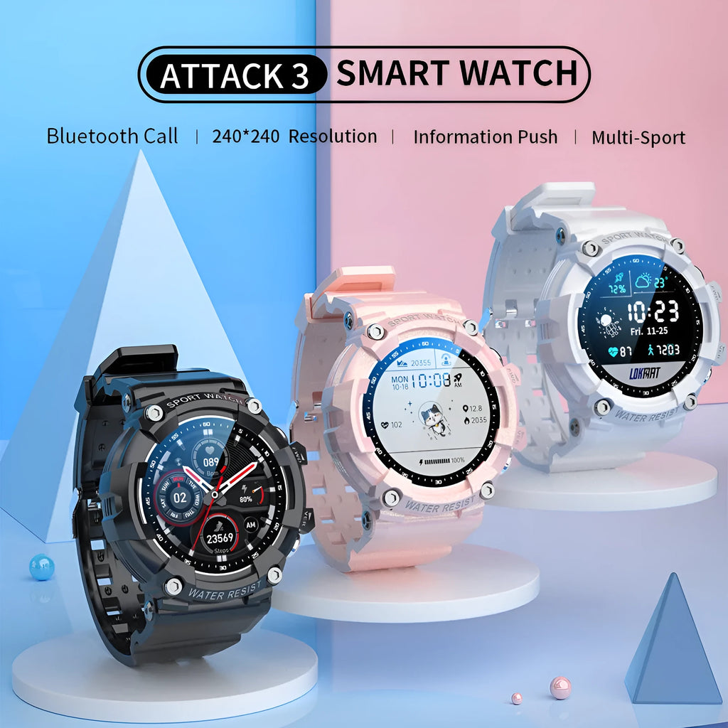ATTACK 3 IP67 waterproof Bluetooth sports smart watch in black, white, or pink on a TPU strap.