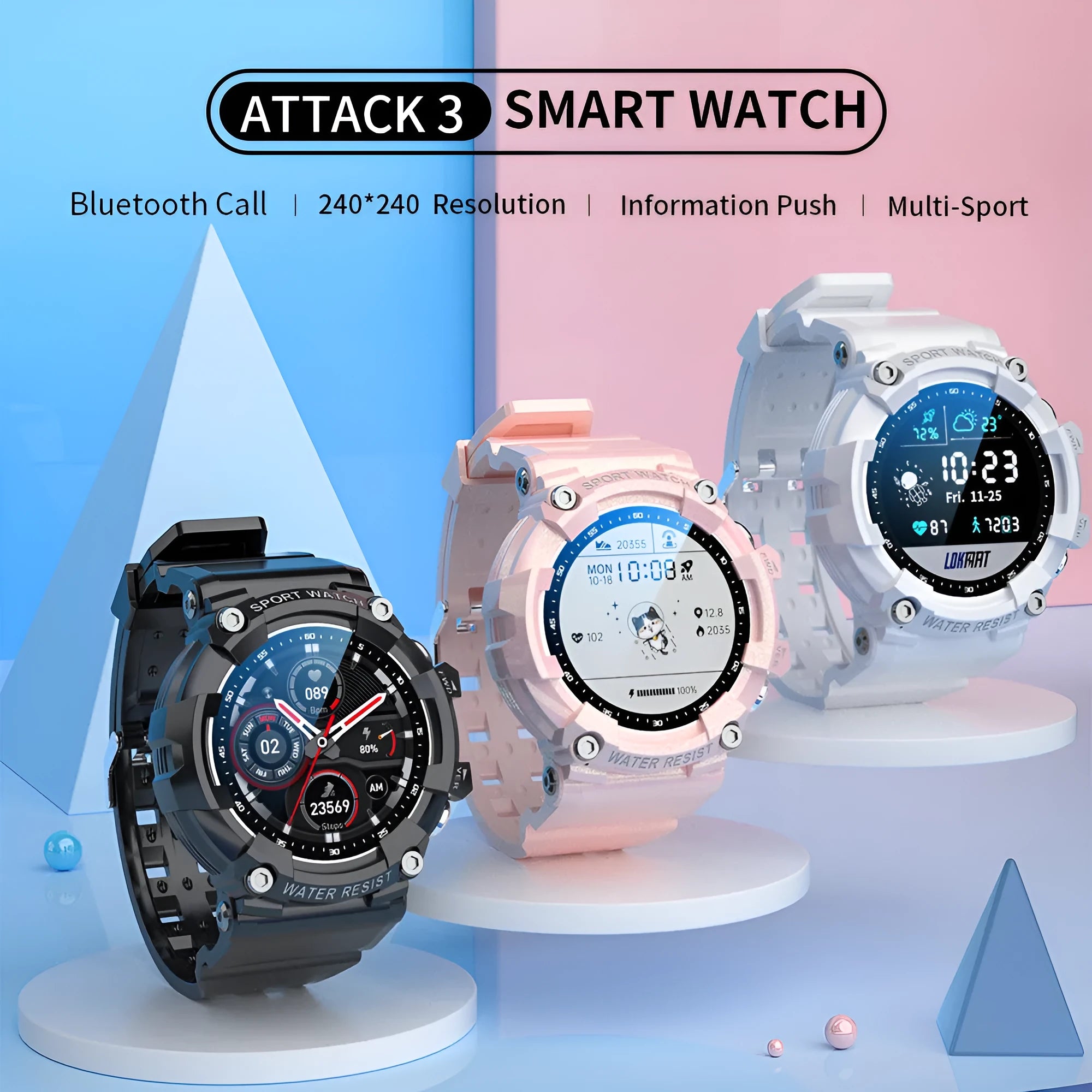 ATTACK 3 IP67 waterproof Bluetooth sports smart watch in black, white, or pink on a TPU strap.