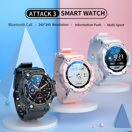 ATTACK 3 IP67 waterproof Bluetooth sports smart watch in black, white, or pink on a TPU strap.
