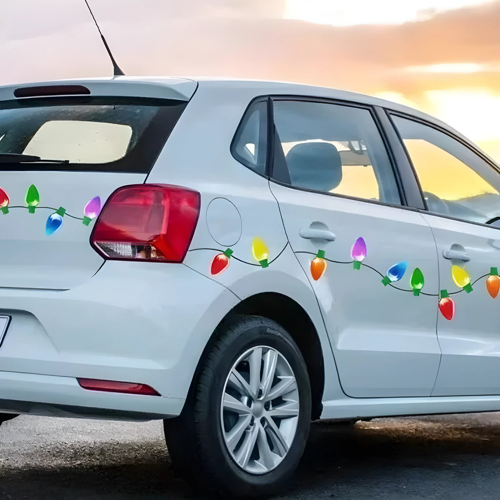 Christmas decorative set with reflective bulb and wire shapes on a magnetic backing for car and fridge decoration.
