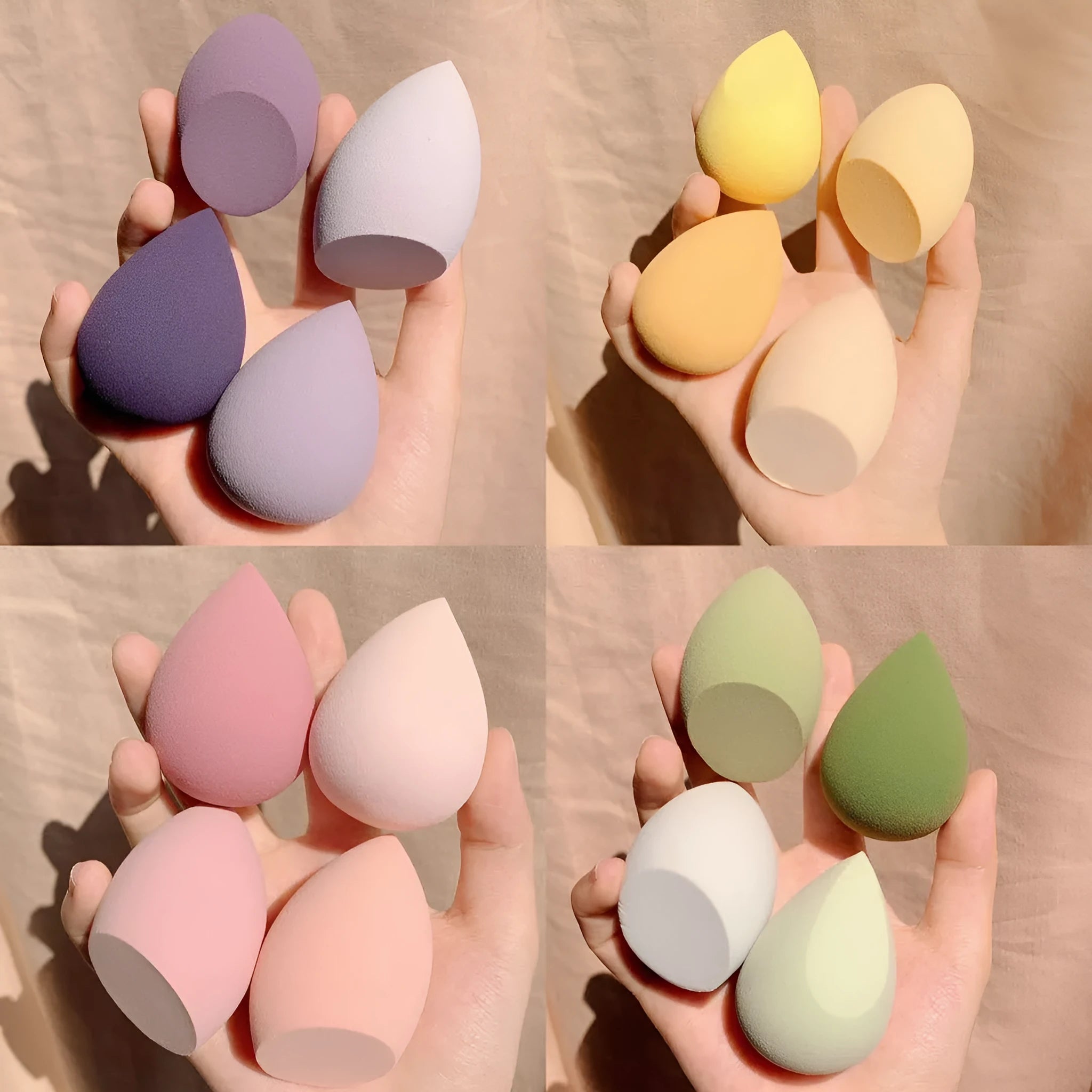 Four colourful makeup sponge eggs in grape, mango, mint and peach arranged in box