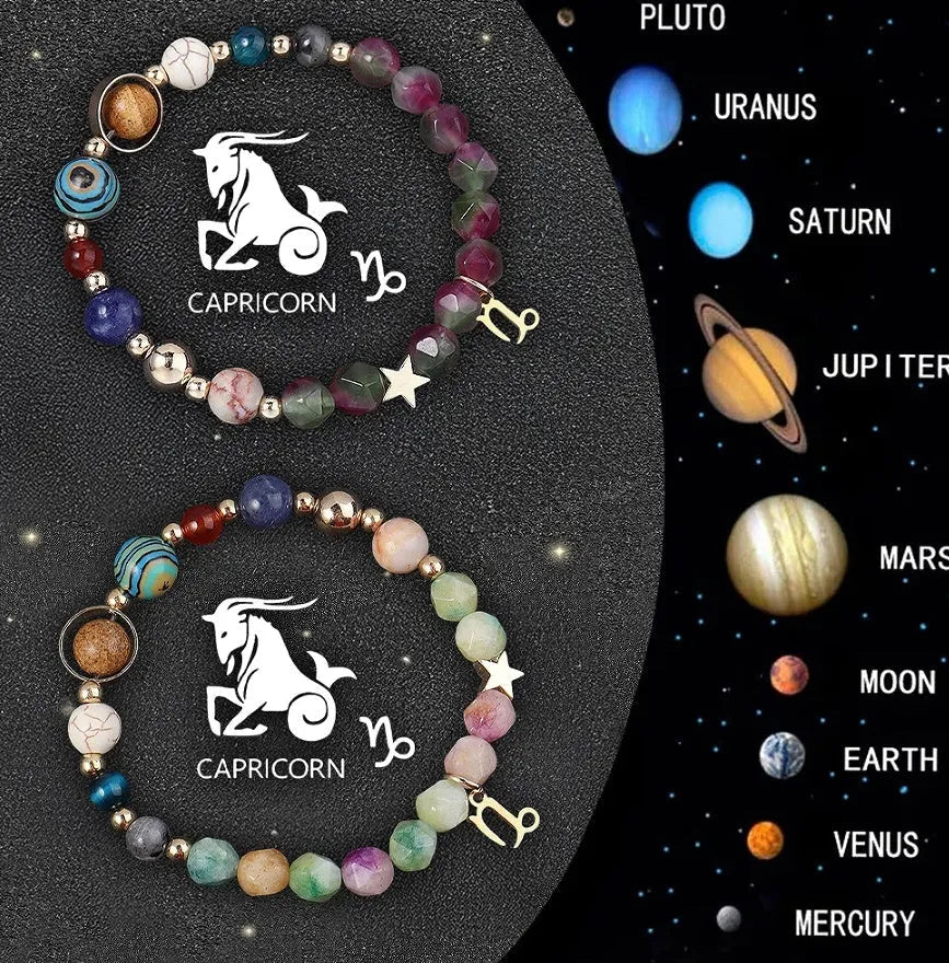 Twelve Zodiac Sign natural stone beaded bracelets showing adjustable designs for astrology jewellery