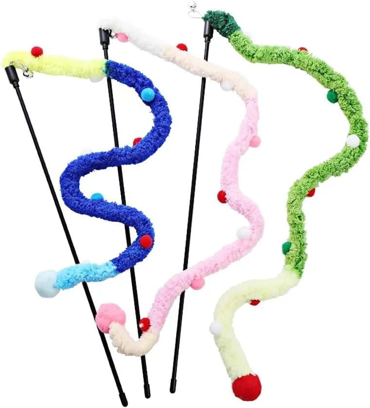 Colourful cat wand toy with plush strip, fluffy ball and bell on 41cm pole