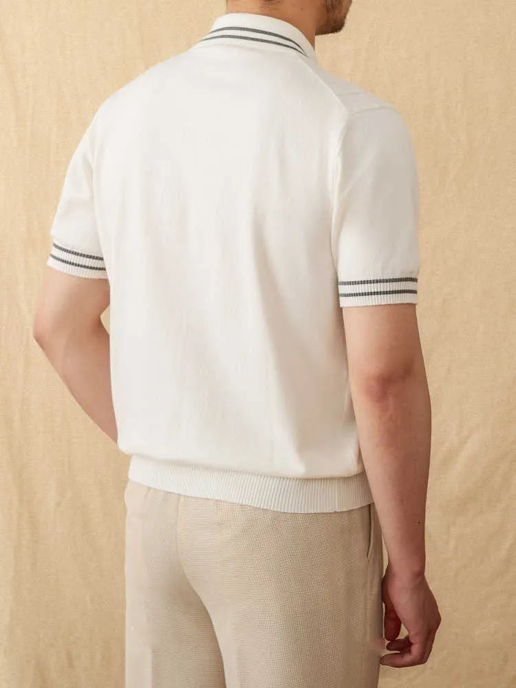 Men's apricot lapel polo shirt with short sleeves made from cotton polyester blend fabric.