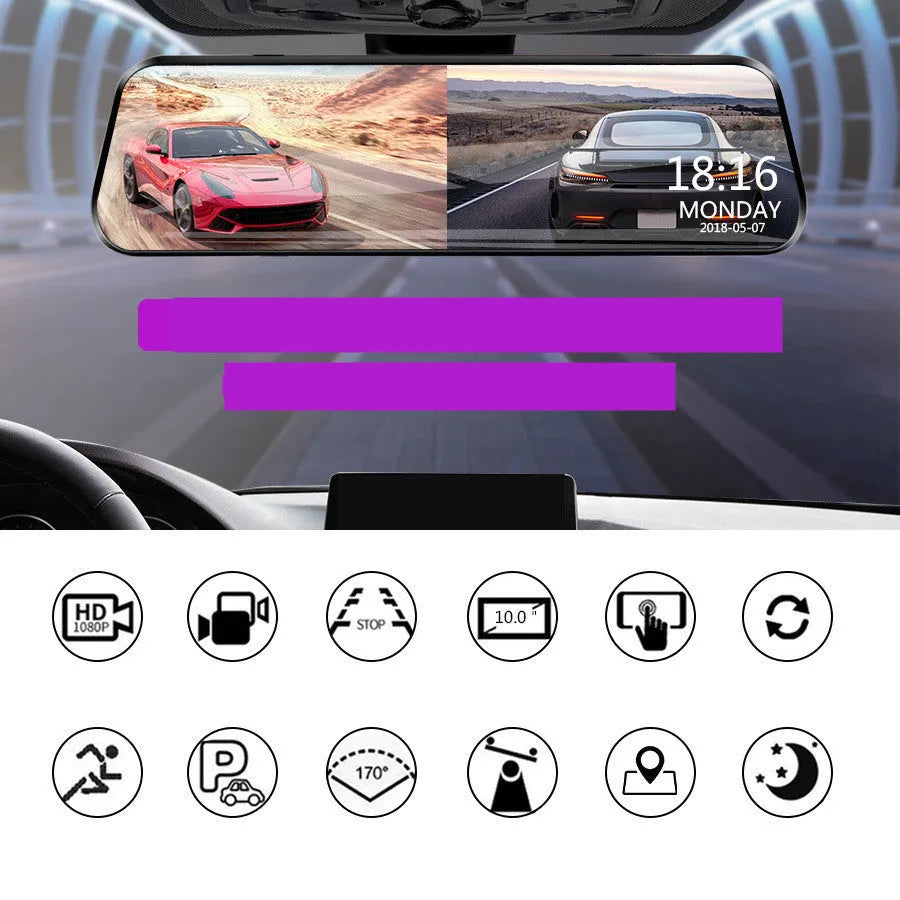 10-inch black HD rearview mirror driving recorder with 170-degree wide-angle lens and 12MP camera installed in a car
