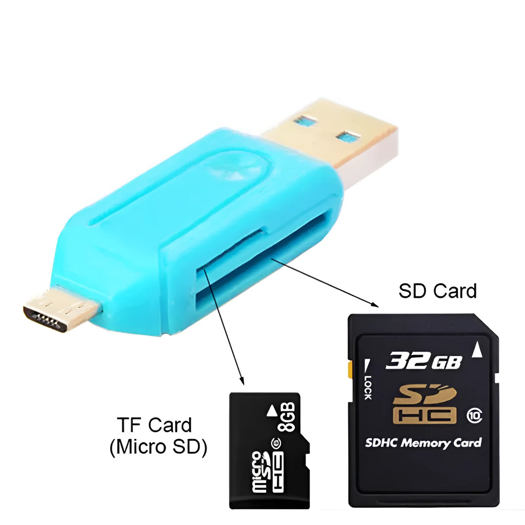 White OTG card reader with micro USB connector for mobile phones and computers