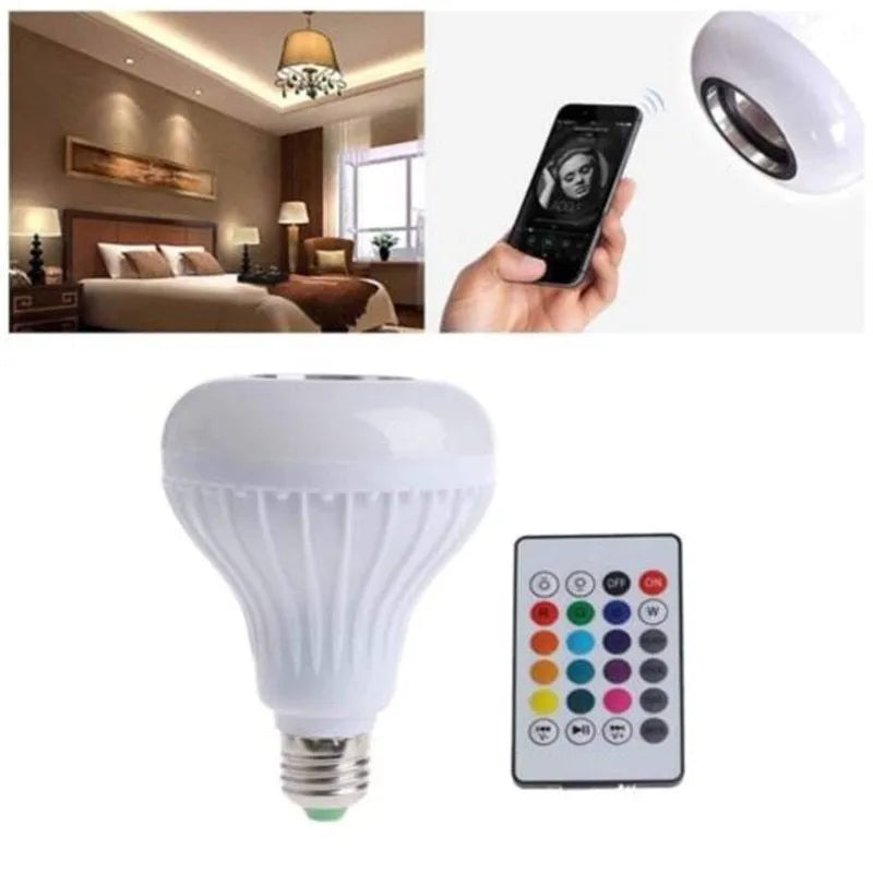 White Bluetooth speaker LED bulb with E27 screw base and remote control for 16 colour lighting.