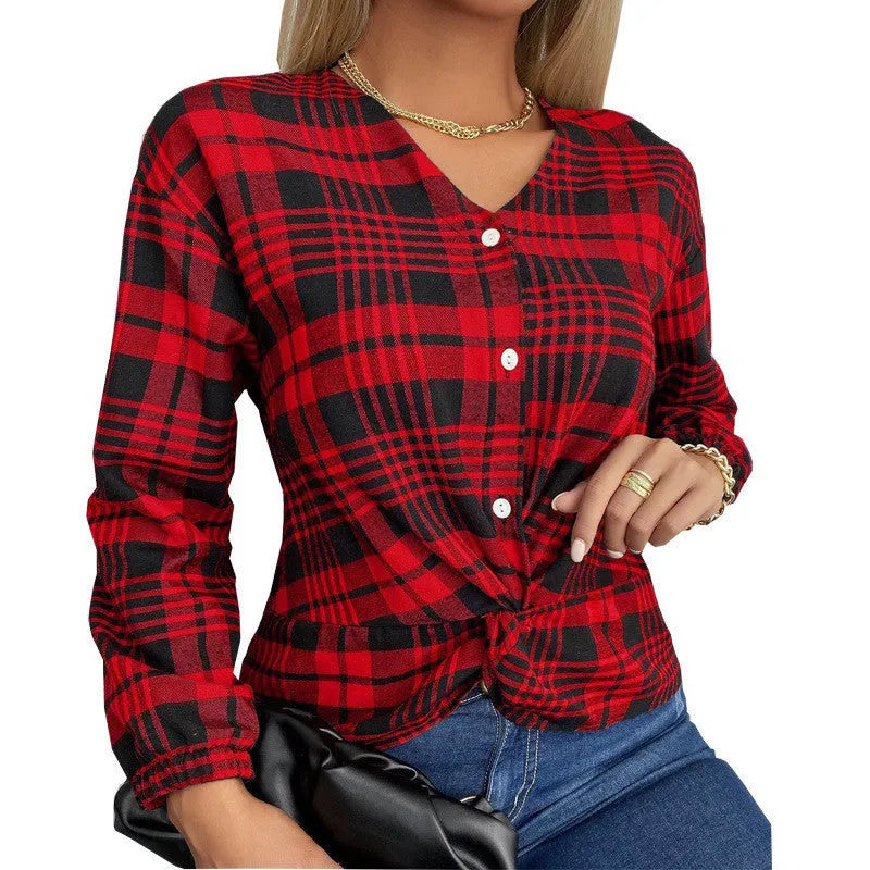 Women's loose-fit purple plaid casual shirt with regular sleeves on a hanger