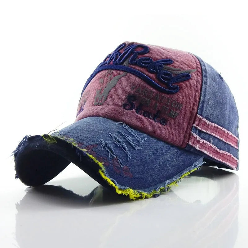 Retro denim baseball cap for men and women, adjustable wide brim, available in black