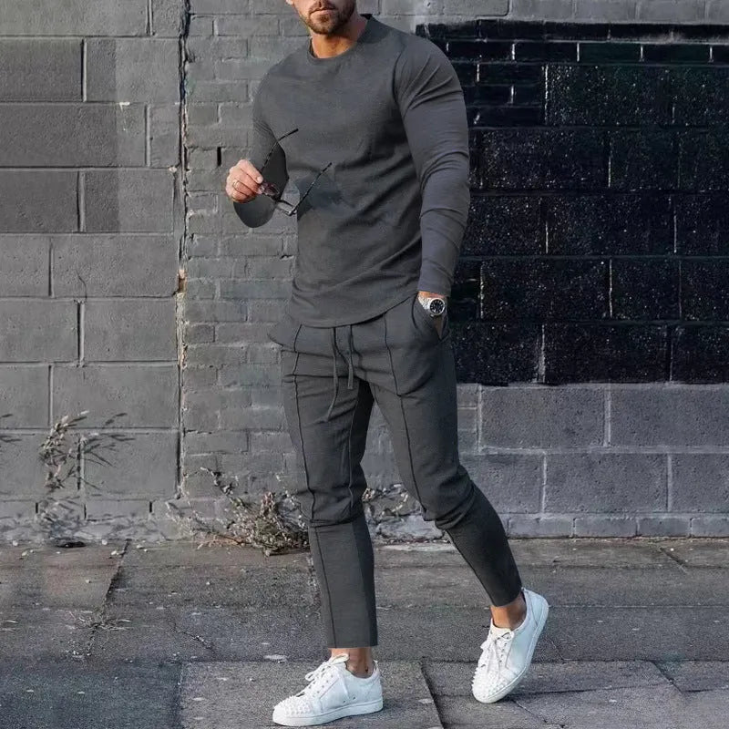 Men's light grey round neck long sleeve T-shirt and trousers two-piece polyester casual set