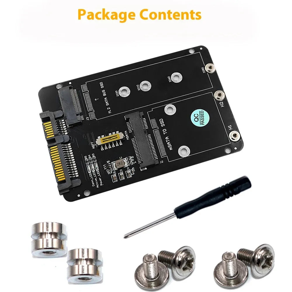 Two-in-one solid state hard-disk cartridge adapter card with mSATA and NGFF M.2 slots and LED indicator on 65x90mm PCB