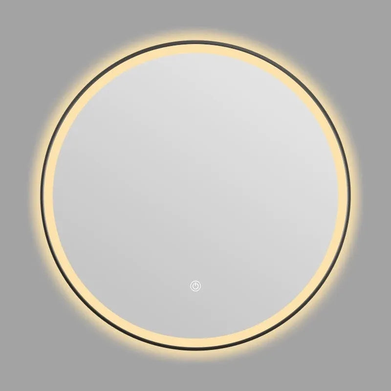 Round black frame bathroom mirror with LED lighting mounted on wall
