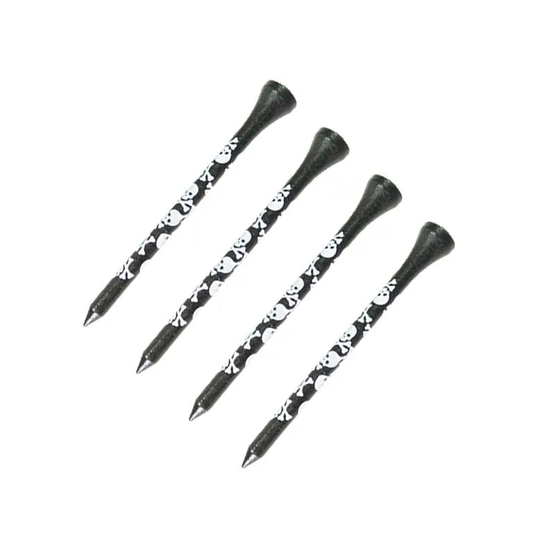Black bamboo golf tees with skull print design showing 70mm and 83mm lengths