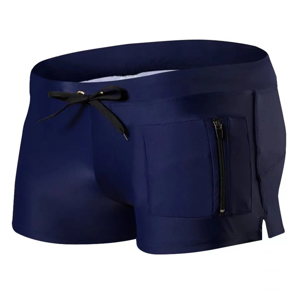 Men's black high waist swimming trunks with a lace-up front detail