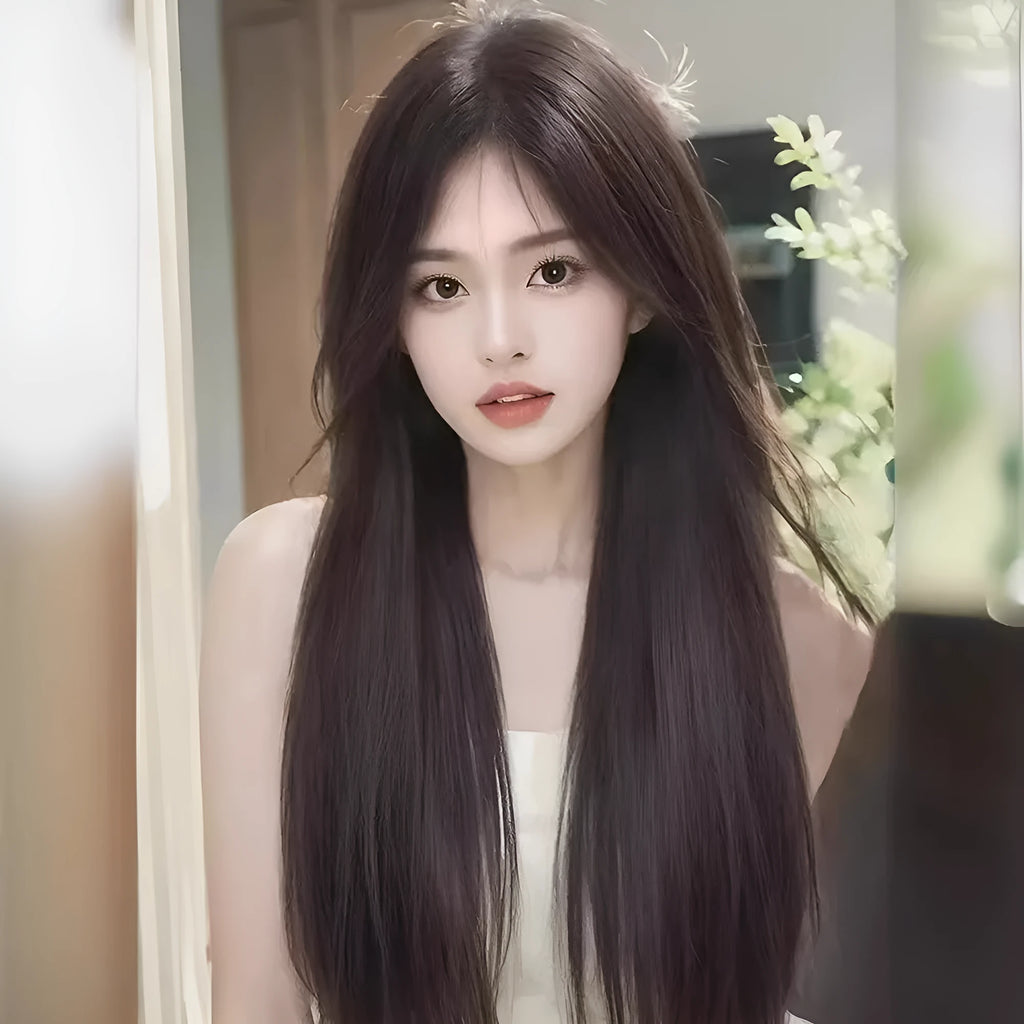 Long straight black wig with forehead lace and side bangs made from high temperature fibre.