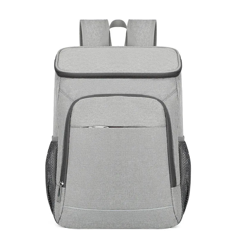 Large outdoor thermal picnic backpack in grey-orange colour with curved shoulder straps and compartments.