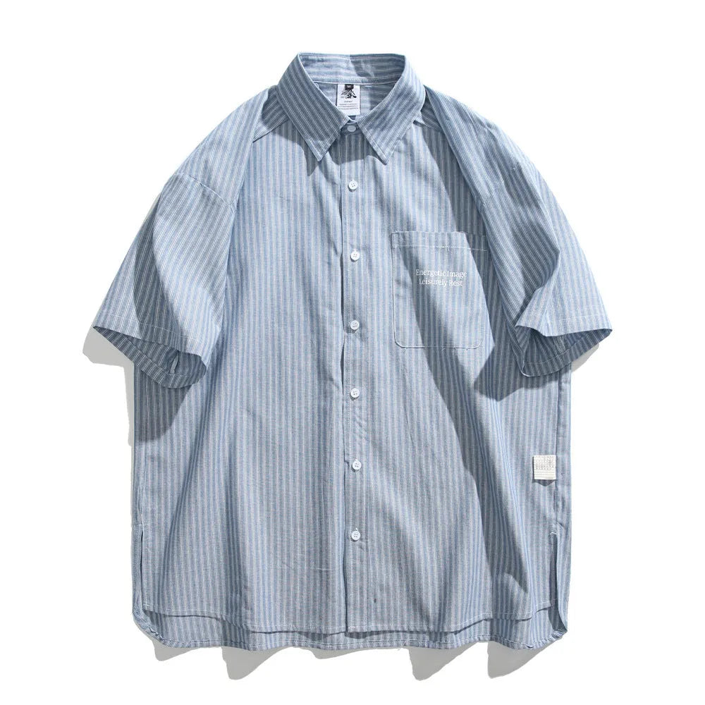 Blue striped short-sleeved overalls shirt with loose cardigan fit on hanger