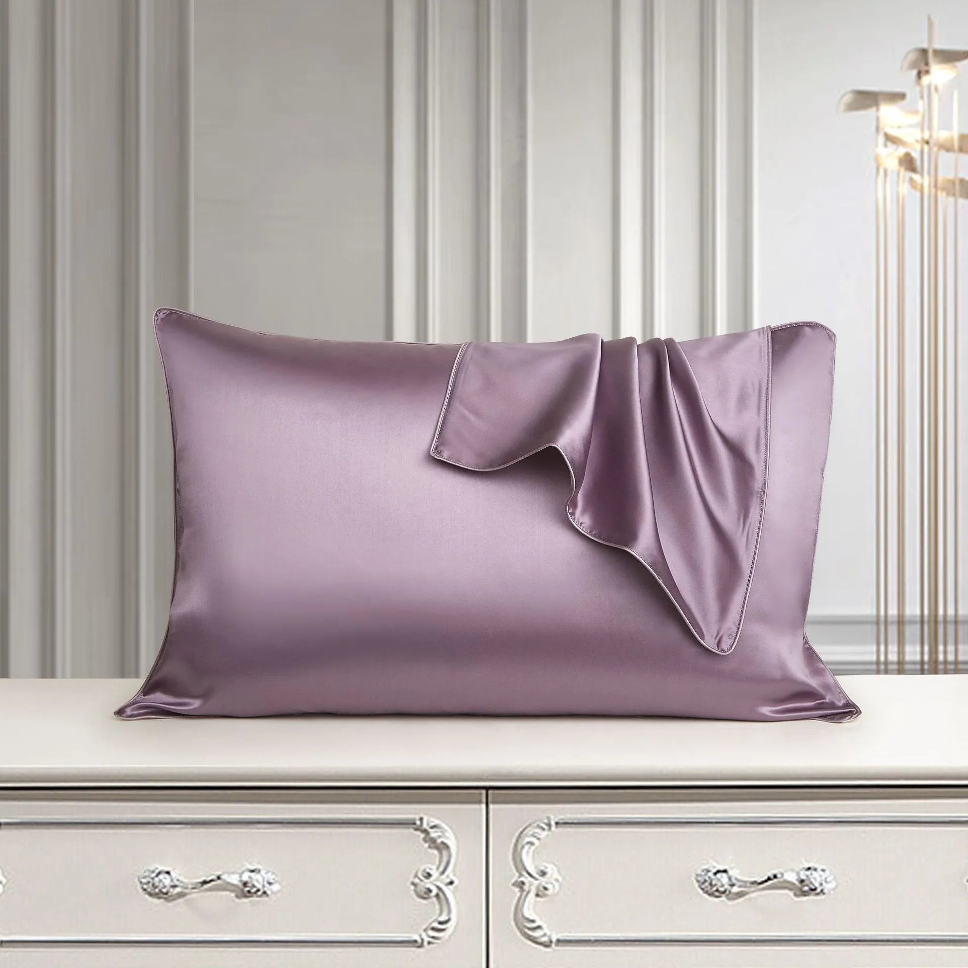 100% mulberry silk single pillowcase in 48x74cm size with inlaid rope weave, shown in Bean Paste Purple.