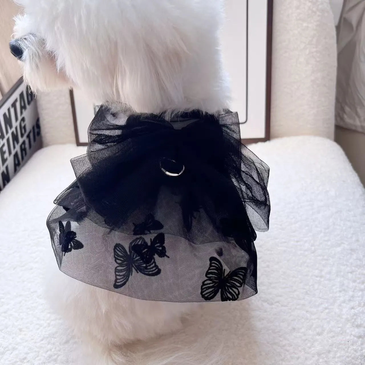 Black gauze princess tulle skirt for small dog or cat with decorative dress styling