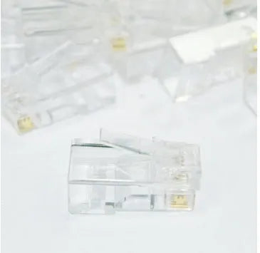 White RJ45 network modular plug with gold-plated three-fork contacts and all-copper insert.