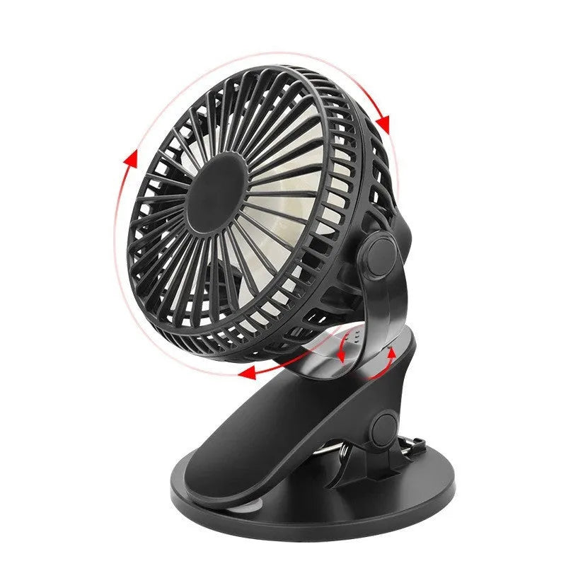 White USB rechargeable brushless clip fan attached to a desk edge