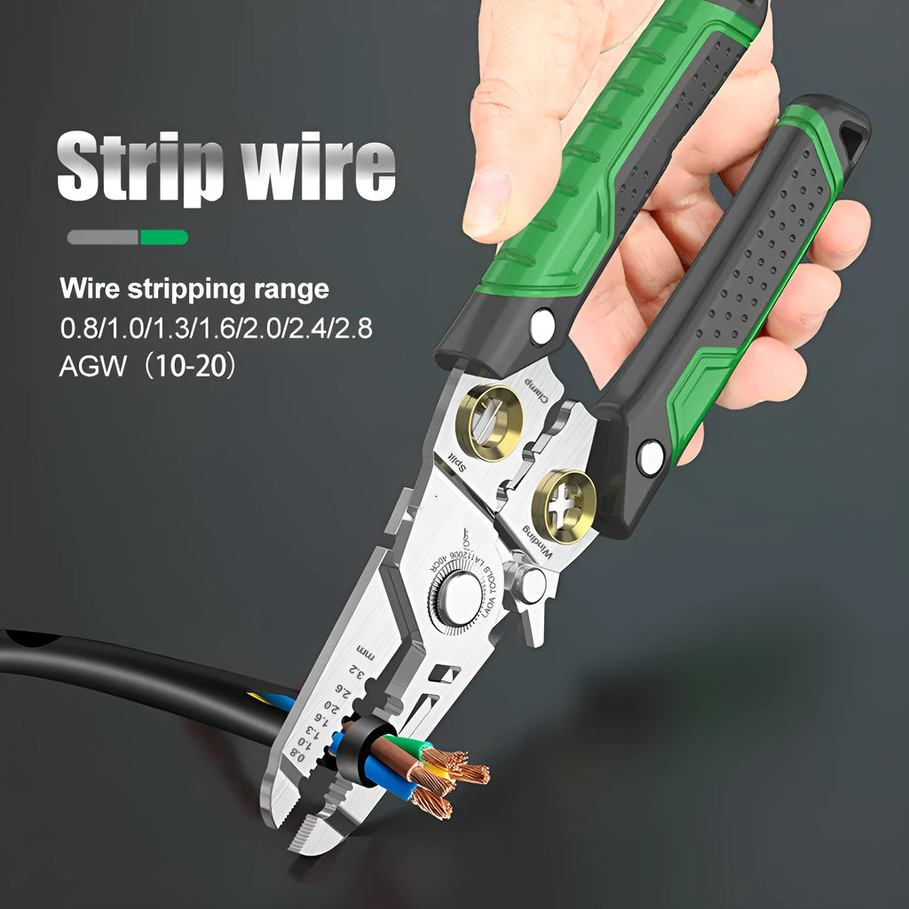 Stainless steel 7-in-1 wire stripper and crimping pliers with two-colour handle