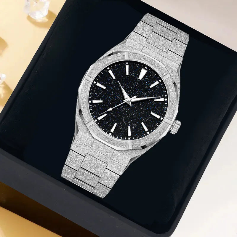 Men's business watch with frosted stainless steel case and luminous hands on wrist