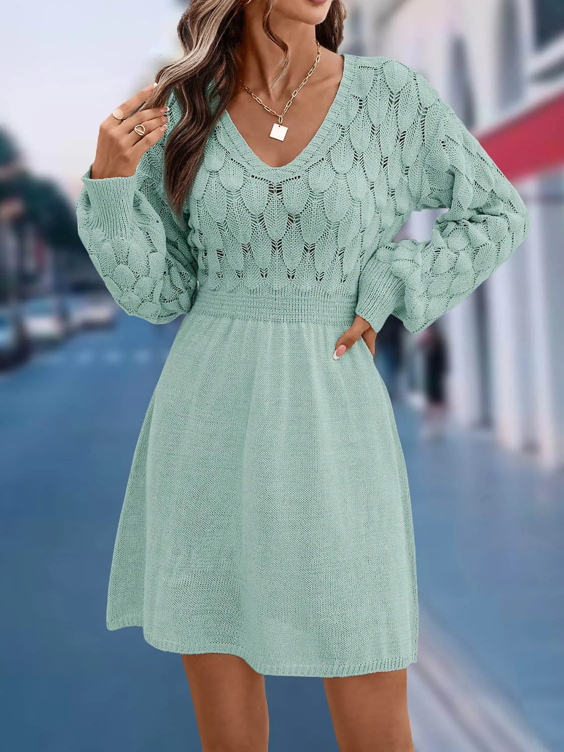 Acrylic fibre ethnic style V-neck beach dress with 3D pattern and long sleeves