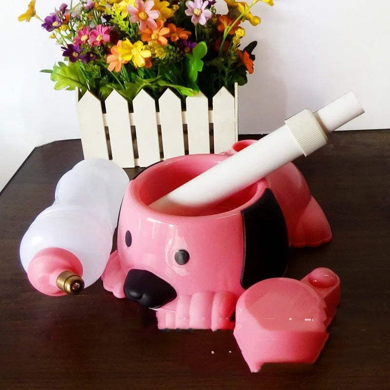 Adjustable plastic pet drinking bowl in pink, blue, or yellow with height adjustment up to 42cm.