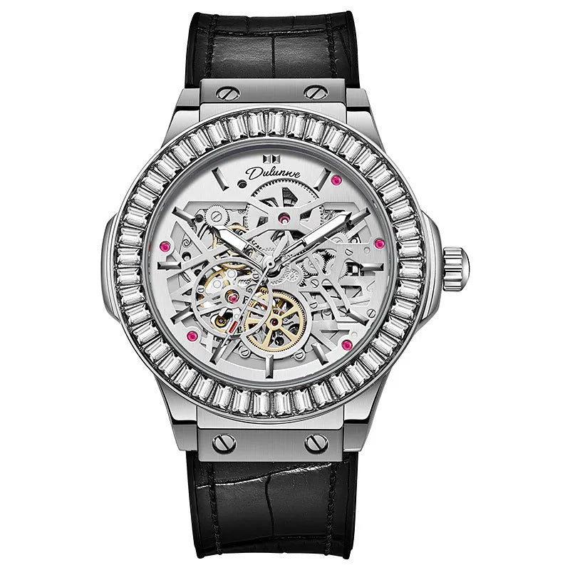 Men's automatic mechanical watch with hollow movement and diamond-studded dial on wrist