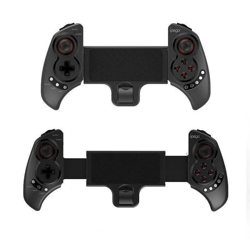 Black wireless telescopic game controller expanded to hold a mobile phone.