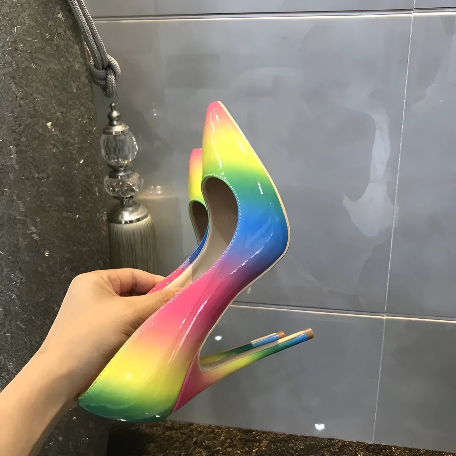 Rainbow patent leather women's stiletto heels with pointed toe in 10cm and 12cm heel height options