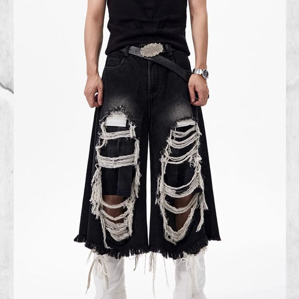 Black women's cropped wide-leg denim jeans with a mid-high waist on a hanger.
