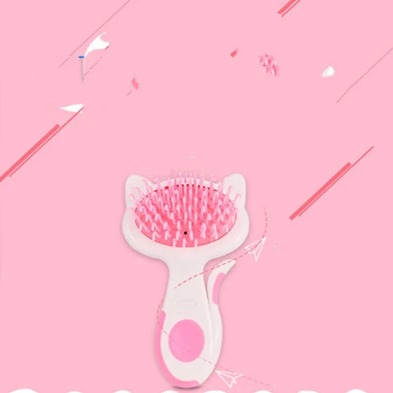 Cat hair comb with ABS resin body, rubber comb needle and nylon bristles, 7.2cm wide by 13cm high, pink colour