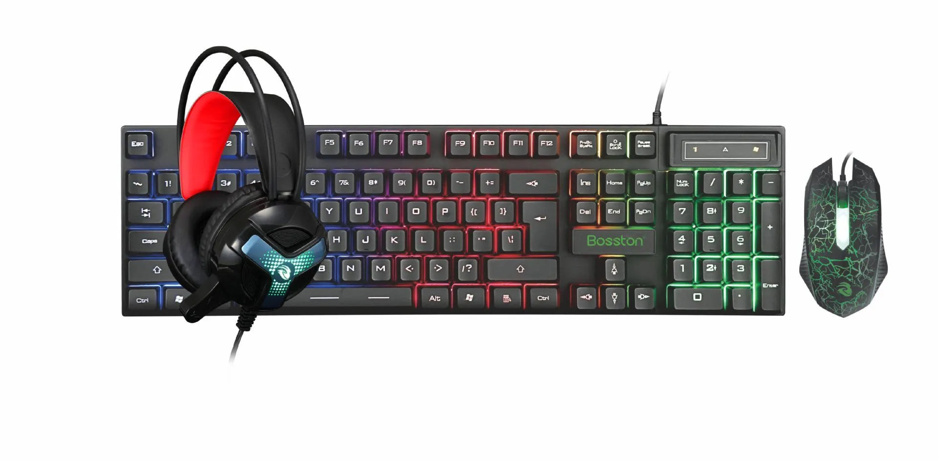 Thunder Wolf gaming keyboard and mouse bundle with wired USB connections, headset and mouse pad