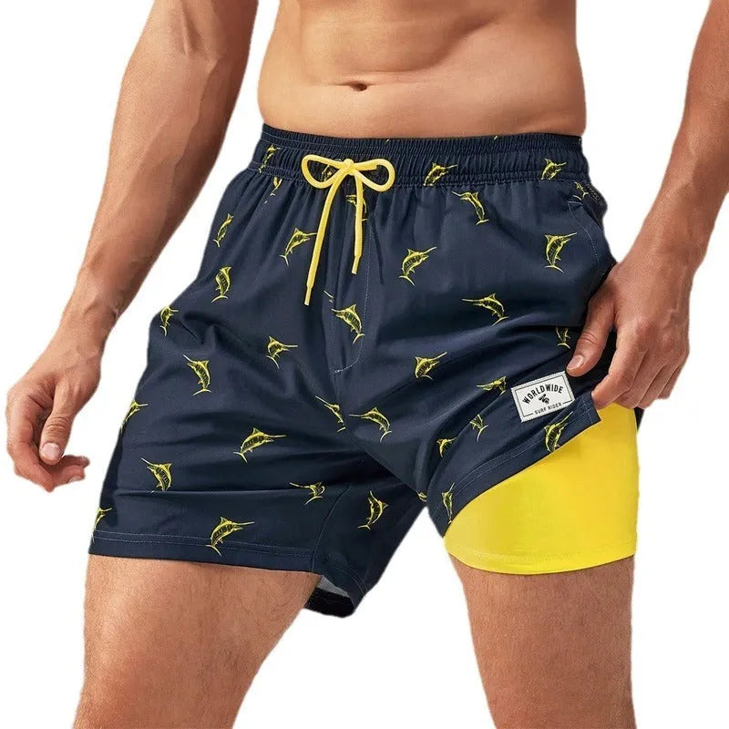 Men's loose swimming trunks with elastic waistband in multiple colour patterns including floral and aquatic designs