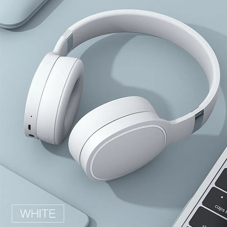 Wireless Bluetooth over-ear headset shown in black, blue, grey, or white colour options.