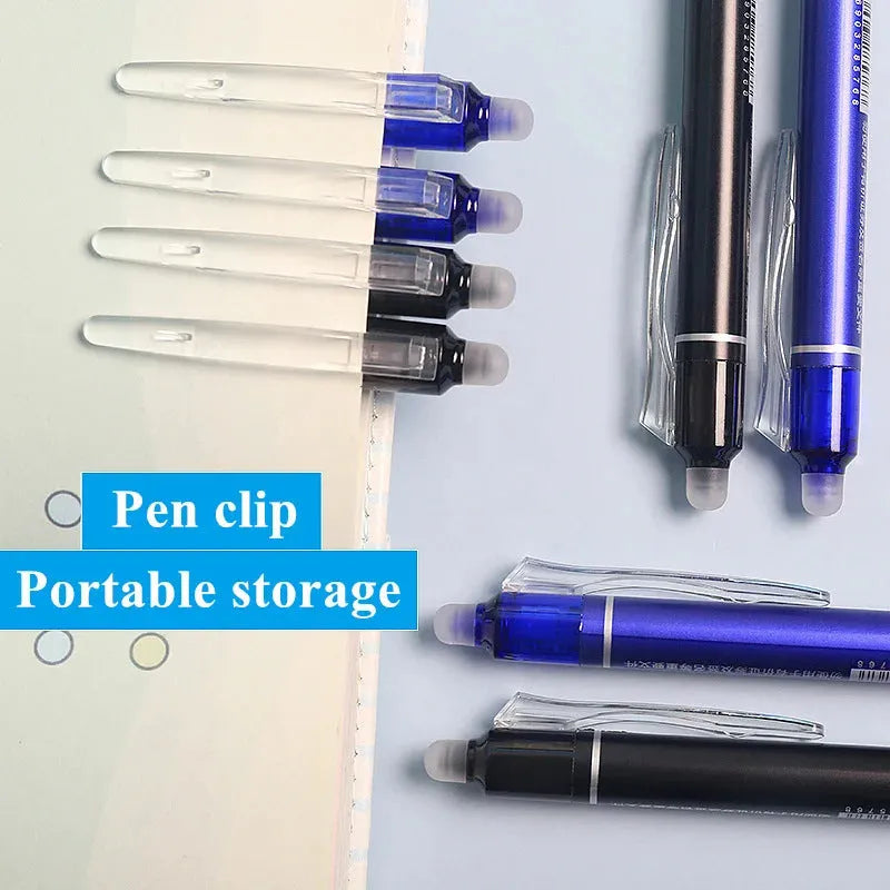 Hot erasable push gel pen with 0.5mm tip, plastic body, shown in blue or black ink for school use.