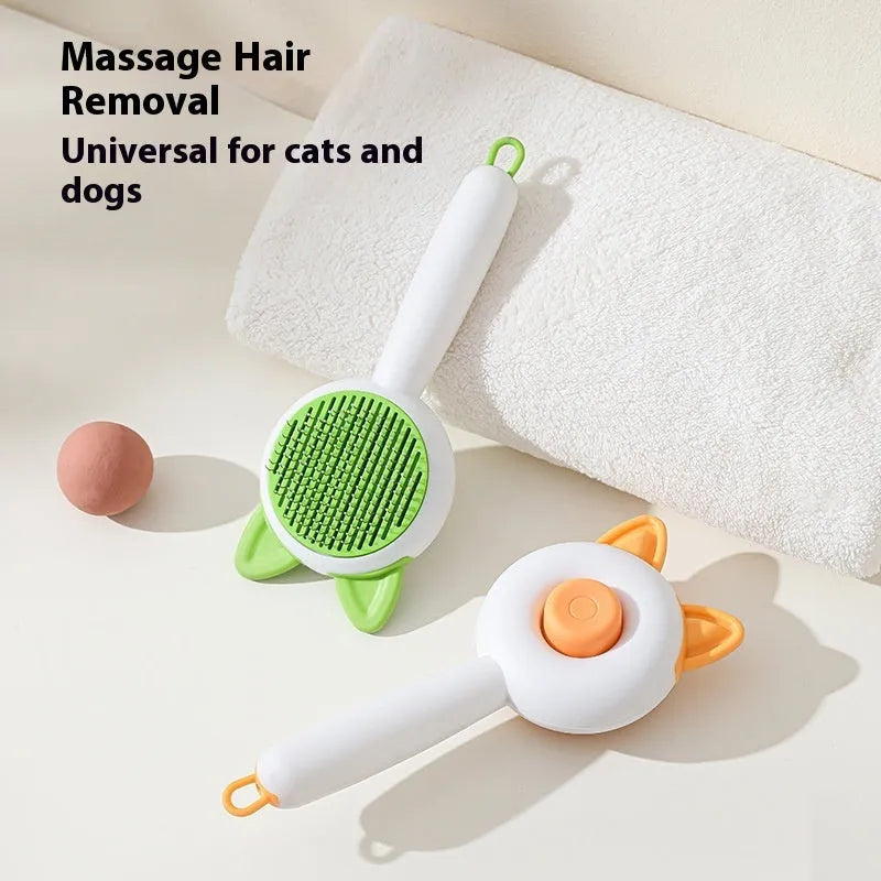 Greenish white cat grooming brush with stainless steel self-cleaning teeth and TPR massage tips