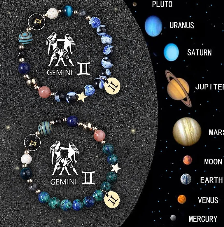 Twelve zodiac sign bracelets with natural stone beads on elastic string showing different astrological designs