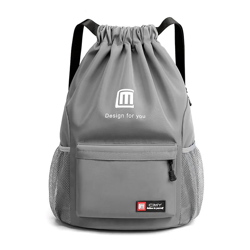 Oxford waterproof drawstring travel backpack in multiple colours showing foldable design and shoulder straps