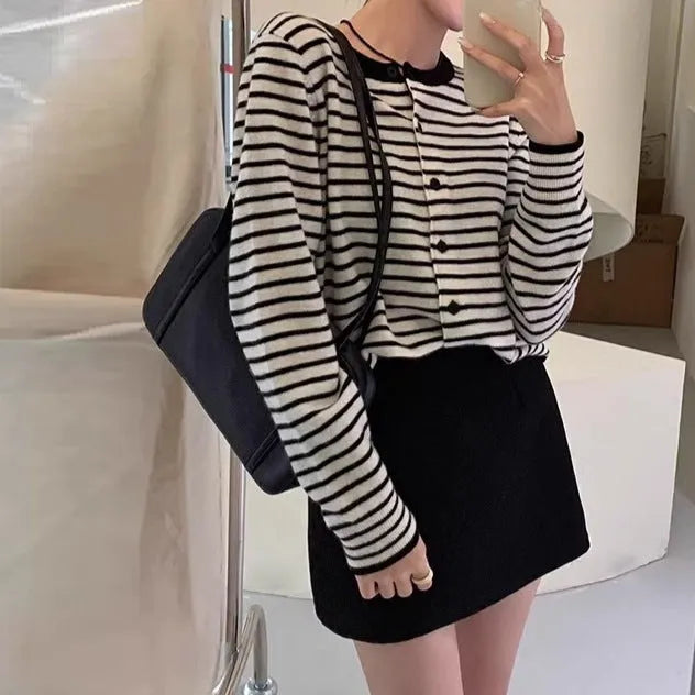 Dark grey and white striped women's viscose cardigan coat with long sleeves and a slim fit.