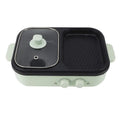 White and green dual-function electric frying oven and hot pot appliance on a kitchen counter.