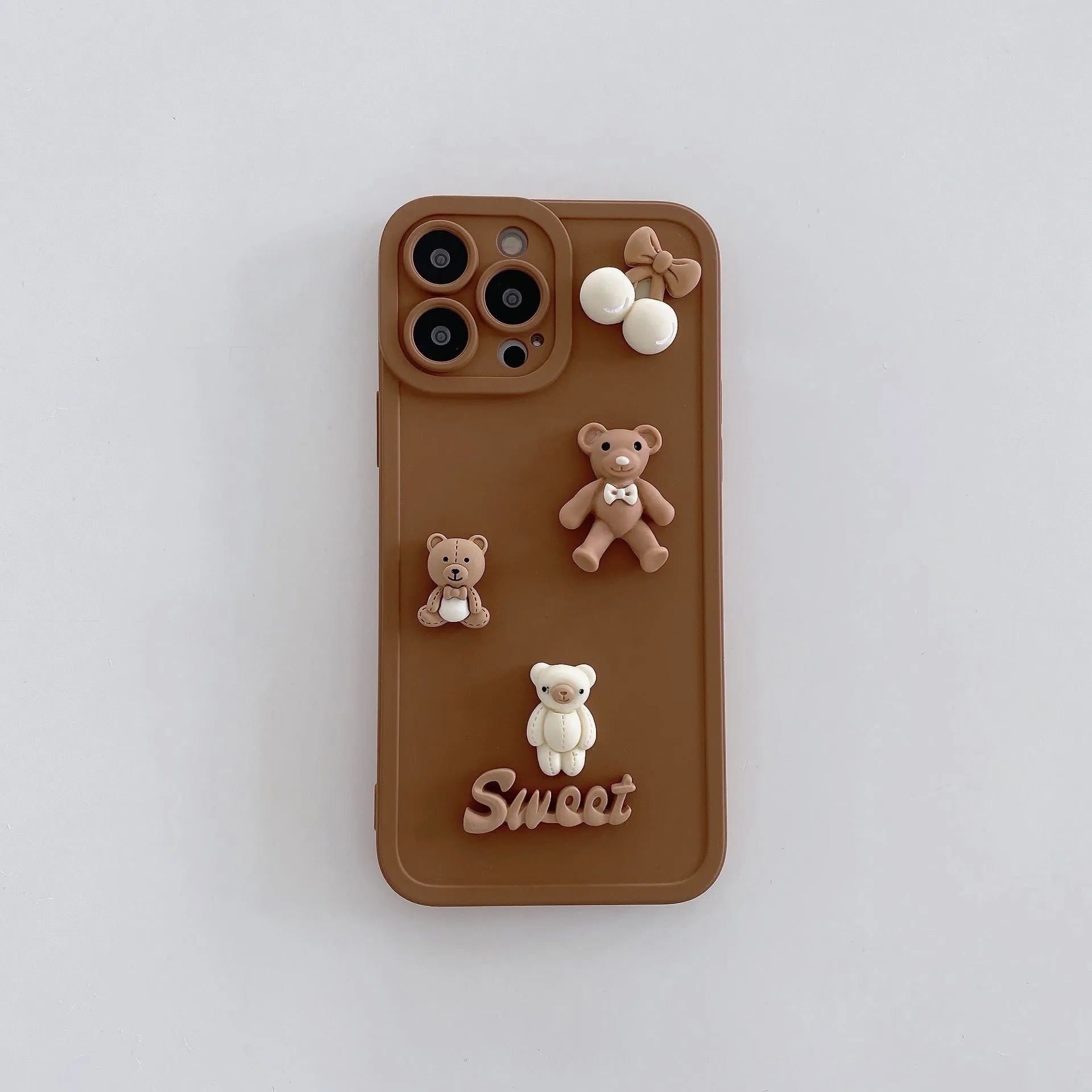 Three-dimensional bear design TPU phone case for iPhone in caramel colour, front view