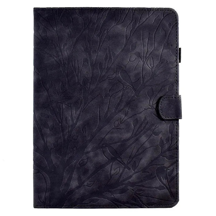 Imitation leather tablet protective case with integrated stand in black colour, shown next to a tablet.