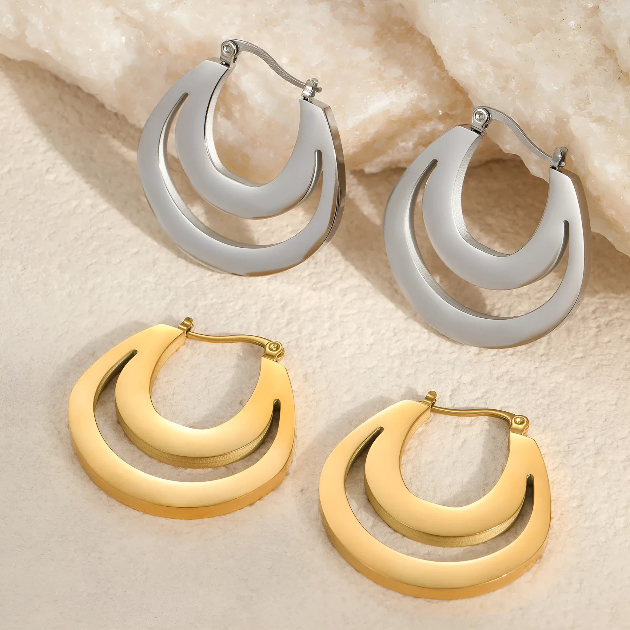Geometric minimalist French earrings with 18K gold plating and round ring elements