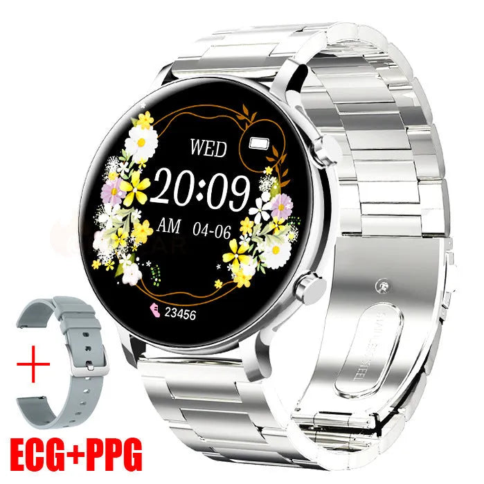 Bluetooth smartwatch with stainless steel strap showing call function and health metrics on screen.