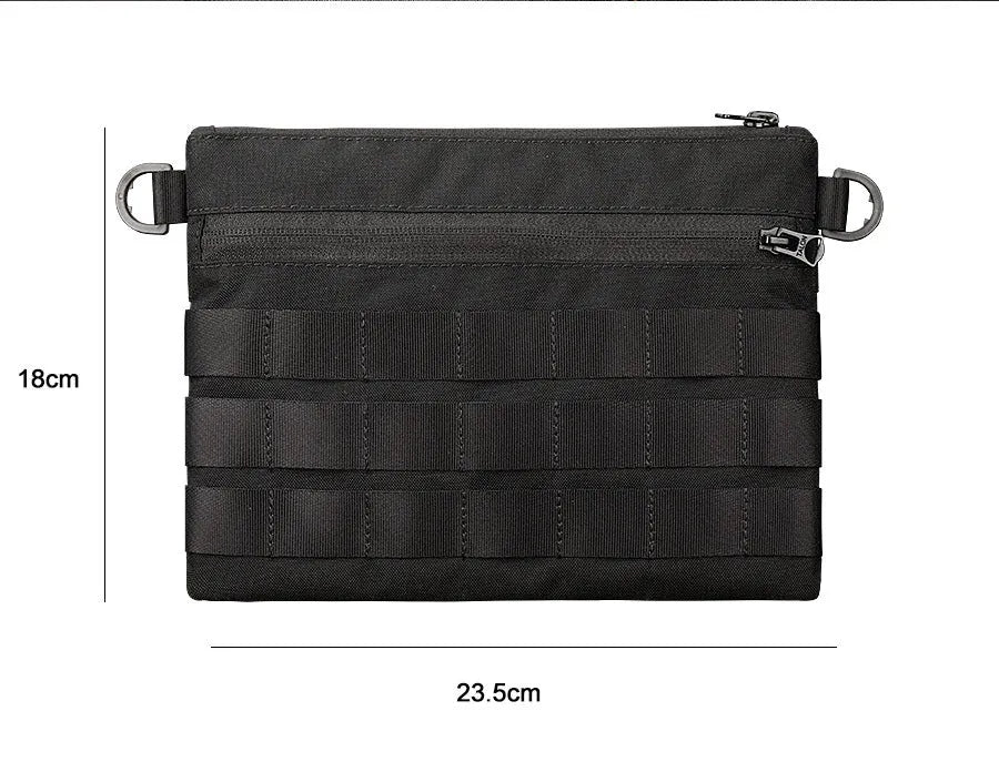 Black Oxford cloth military utility bag measuring 18 by 3.5 centimetres